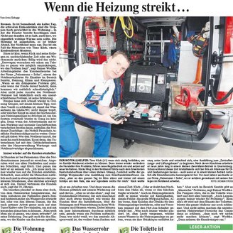 Ein Techniker zeigt verschiedene Werkzeuge und Teile aus einem Koffer, während er in einem Fahrzeug steht.