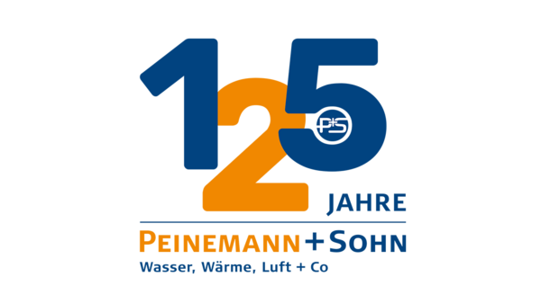 Das Logo feiert 125 Jahre Peinemann + Sohn, mit den Farben Blau und Orange, und dem Slogan 'Wasser, Wärme, Luft + Co'.