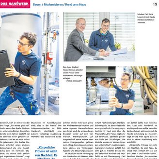 Ein dualer Student arbeitet an Heizungsanlagen, während er ein technisches Gerät in der Hand hält und konzentriert aussieht.